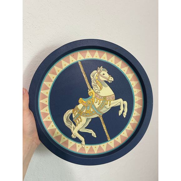 Carousel Pony 90s Round Plate Metal Tin- Navy blue some wear-Made in Taiwan - Picture 2 of 4